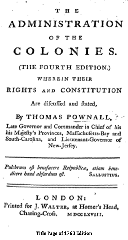 Text Box: Title Page of Pownall's Administration of the Colonies